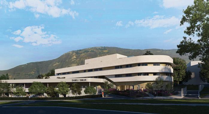 La projection du futur bâtiment du SAMU / SMUR du CHU Grenoble Alpes © A26 Architectes